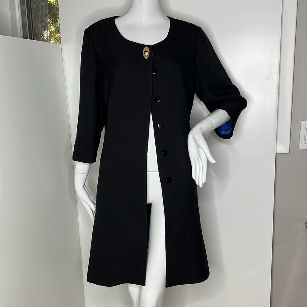Bona Vita Sz 46 Black Blue Satin Lined 3/4 Sleeve Button Over Coat